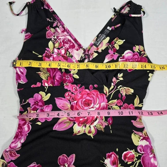 Vintage 90s Y2K Rampage Mini Dress Black Pink Floral Vneck Sleeveless Small - Picture 4 of 8